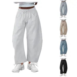 Molitree Women's Barrel Leg Pants Elasticated Waistband Soft Wide Leg Pants with Pockets Casual Sweatpants Wideleg Basic