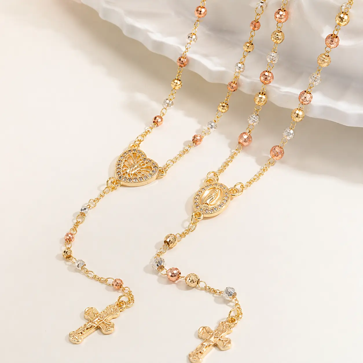 VNOX 14 K Gold Plated Virgin Mary Rosary Heart Round pendant JesusChristian Women Jewelry Gifts Necklace, Bracelet, copper Y Chain Non Tarnish Hypoallergenic Faith Jewelry, Everyday Fashion Accessory