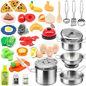 Pretend Play Kitchen Accessories Set, 38Pcs Stainless Steel Play Pots Pans Sets for Kids, Toy Cookware Cooking Utensils Play Food Dish Toddler Kitchen Playset Gifts for Boys Girls