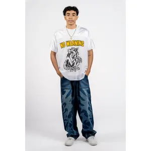 Maha Men's Wide Leg Blue Wash Denim Pants with Tribal Spider Print & Snap Details Cotton All Seasons Loose Fit Trousers Below the Ankle 4 Pockets Baggy Fit