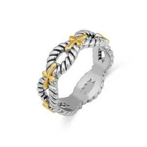 Aprilery Two-Tone Cable Ring with Cross Accents – Elegant Twisted Rope Design for Timeless Everyday Style