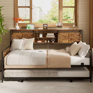 Homieasy Farmhouse Twin Daybed with Pop-up Trundle Charging Station & Bookcase Headboard for Guest Room & Living Room