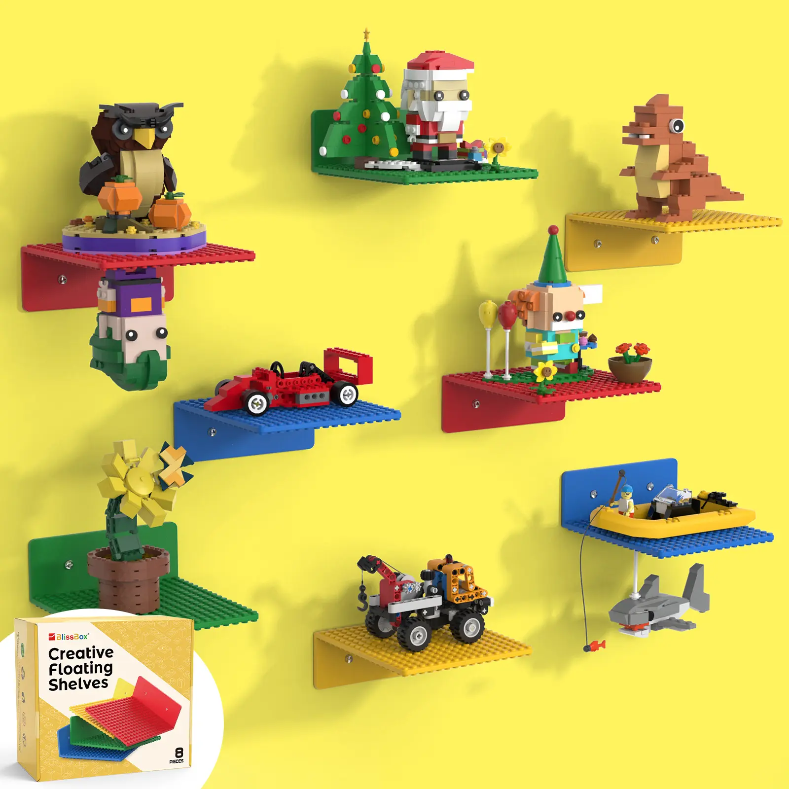 Dual-Sided Floating Shelves - 8PCS Colorful Display Set, Supports Up to 5.5 lbs - Permanent Screw Mount (Hardware Included)