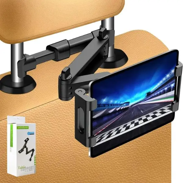 Rubber Clip-On Universal Car Headrest Mount - 360-Degree Rotating Telescopic Bracket with 360-Degree Rotating Ball Joint, Tool-Free Screen Holder for 5.5-18.4 in iPad, iPhone, Switch, Kindle, Back Seat Car Interior Accessory