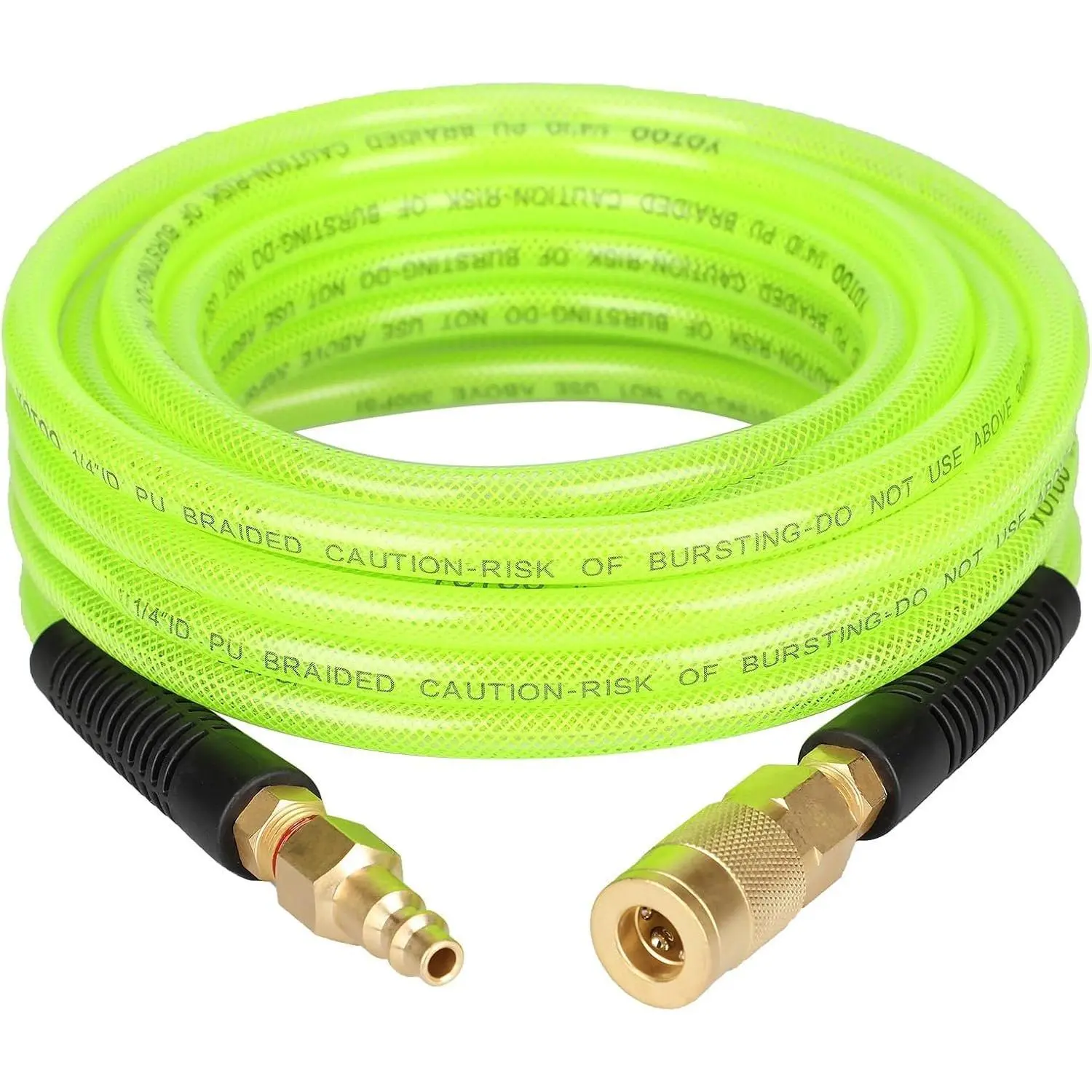 Reinforced Polyurethane Air Hose 1/4" Inner Diameter by 25' Long, Flexible, Heavy Duty Air Compressor Hose with Bend Restrictor, 1/4" Swivel Industrial Quick Coupler and Plug, Green