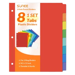 SUNEE 8 Tab Binder Dividers,Plastic Dividers for 3 Ring Binder,3 Ring Binder Dividers with Tabs for School Office Home Supplies,Bright Color, 1 Set