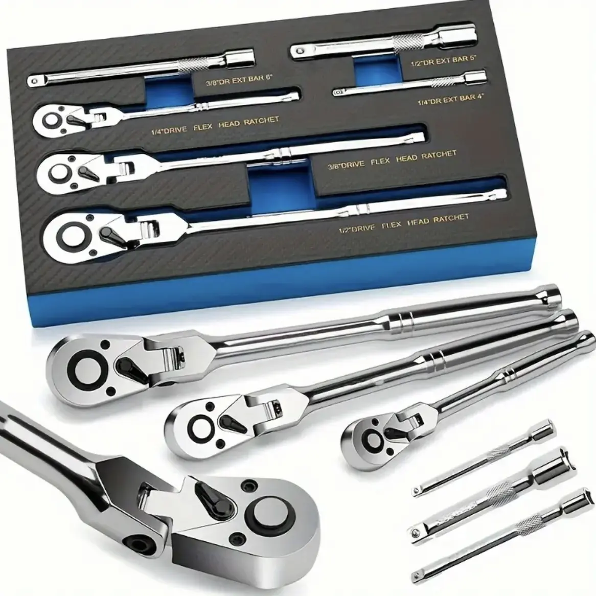 [Flex-Head Ratchet] 6pcs Flex-Head Ratchet Set | 72-Tooth Swivel Wrench, 1/4", 3/8", 1/2" Drive, Chrome Vanadium Steel - with Extension Bars, EVA Foam for Uncharged, No Battery Required