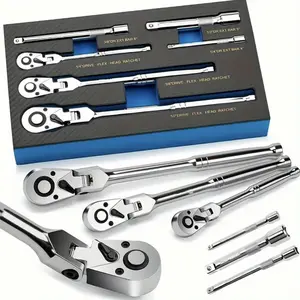 [Flex-Head Ratchet] 6pcs Flex-Head Ratchet Set | 72-Tooth Swivel Wrench, 1/4", 3/8", 1/2" Drive, Chrome Vanadium Steel - with Extension Bars, EVA Foam for Uncharged, No Battery Required