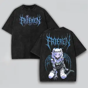 Frieren Gothic Manga Anime Graphic T Shirt Oversized Double Printed Washed Cotton Unisex Short Sleeve Top Retro Dark Style Streetwear Soft Breathable Casual Daily Outfit Trendy Anime Fan Apparel for Men Women