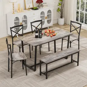 6 Pieces Dining Table Set with Bench, Wooden Rectangular Dining Table with 4 Chairs and Bench for Kitchen Room Dining Room, Kitchen Table Chairs Set