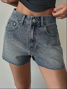 Women's Summer Fringe Rhinestone Casual Denim Shorts, Sexy Sequin Jorts