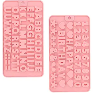 2 pcs Pink Number and Letter Silicone Chocolate Molds with Happy Birthday Decoration Symbols, Kitchen Utensils for Chocolate Candy Ice Cubes Cake Cookies