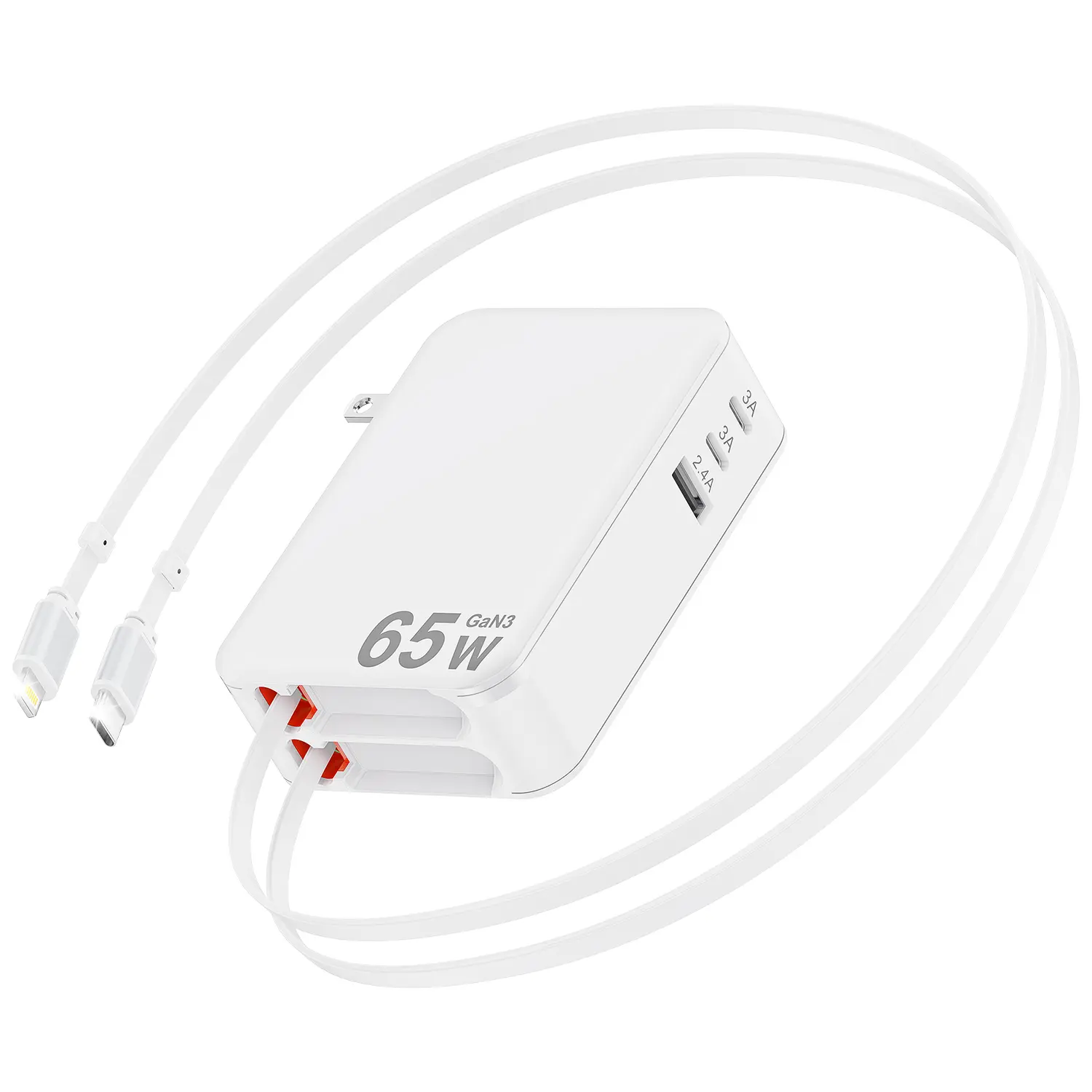65W 5-in-1 Retractable Type C+Type C Mobile Travel Charger Block - 3.9ft Dual Cables, 3 USB Ports, Portable Charging Kit for Smartphone, MacBook Pro, iPhone 17/16/15/14, Galaxy, Switch Devices, Super Fast Charger
