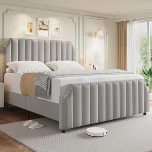 Queen Size Platform Bed Frame  Upholstered Bed Frame with Headboard and Footboard  Strong Wooden Slats Support  No Box Spring Required Queen Size Bed Frame  Light Gray-A