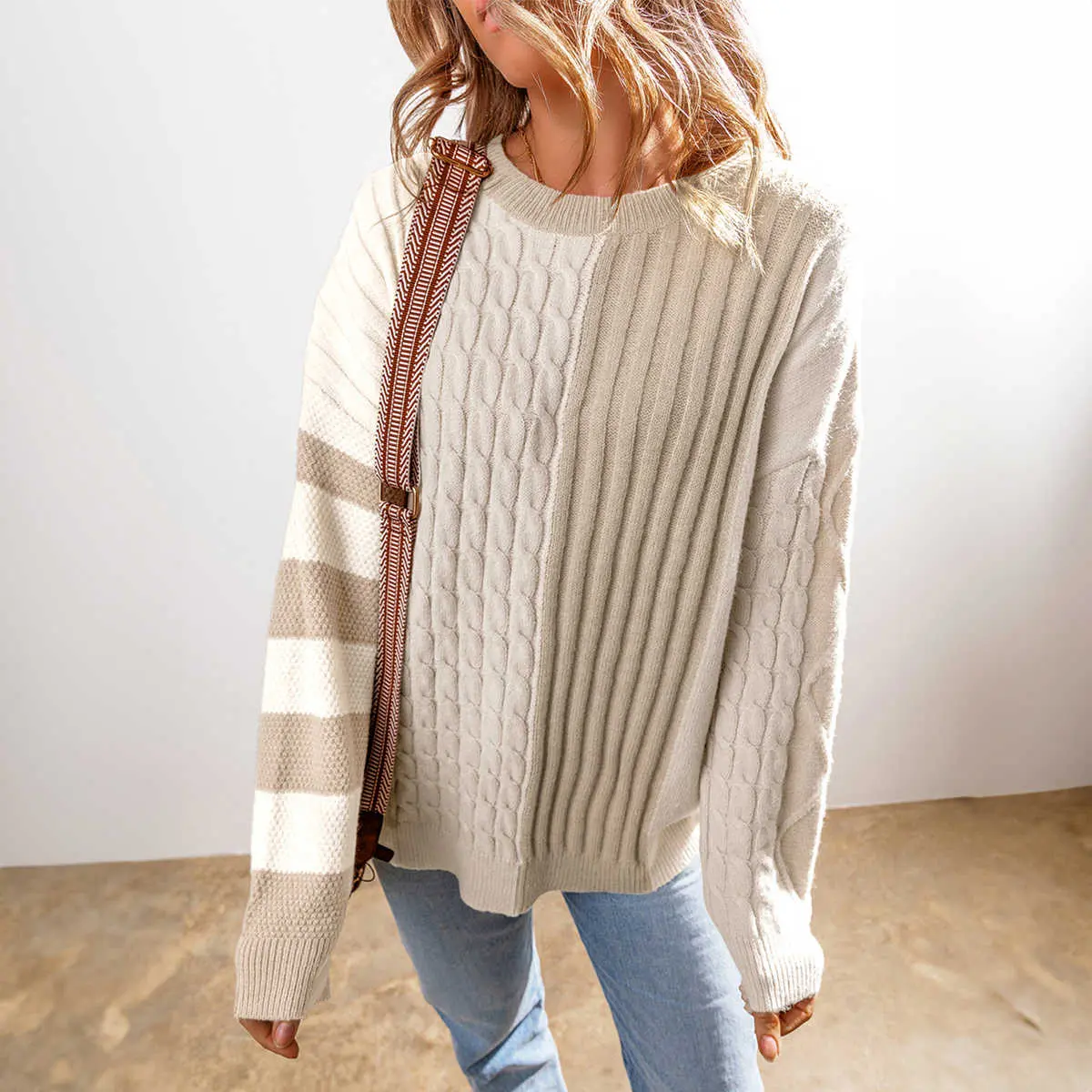 Khaki Cable Knit Colorblock Crew Neck Drop Shoulder Sweater