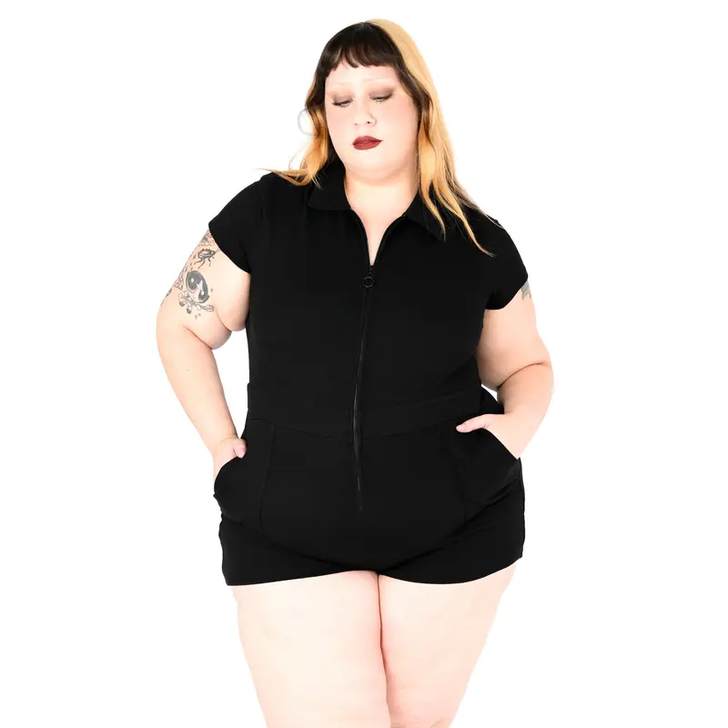 Jamie Lee Collared Neck Soft French Terry Fitted Zippered Romper with Deep Pockets, Plus Size 2X-4X Casual Overalls, Women's Jumpsuits & Rompers
