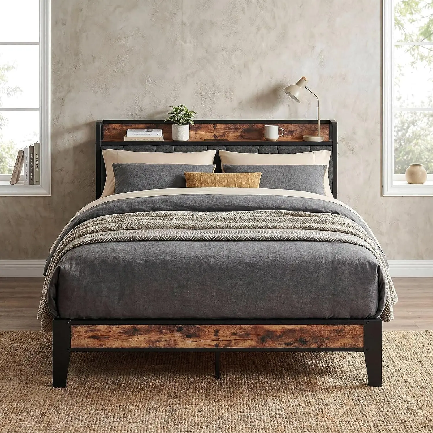 LIKIMIO Queen Size Platform Bed Frame with Upholstered Headboard, Storage & Charging Port, Solid Stable Structure, Noise-Free, No Box Spring Needed, Easy Assembly Transitional Design (Bed Frames for Queen)