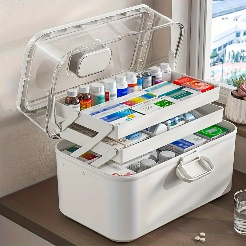 Large Waterproof Medicine Organizer Storage Box, Durable Plastic First Aid Kit with Multiple Compartments, Travel-Friendly Design, Divided Compartments, Collapsible Storage Box