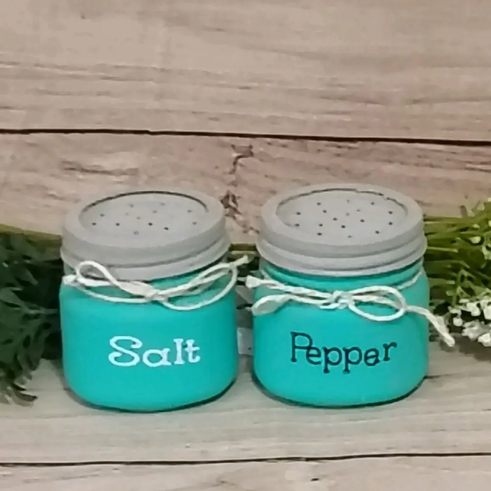 Teal Salt & Pepper Shakers Set with Turquoise Jars and Gray Lids for Kitchen Use