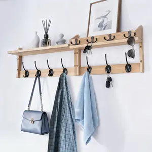 WGCTEK Key Holder for Wall Decorative Key and Mail Holder with Shelf Has Large Hooks for Bags Coats Key Hangers for Living Room Kitchen Office Black/Wood
