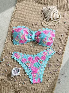 2026 New Shell Print Bikini Set, Halter Neck, Seashell Edge, Strapless, High Waist, Slimming, Sexy Swimsuit for Women