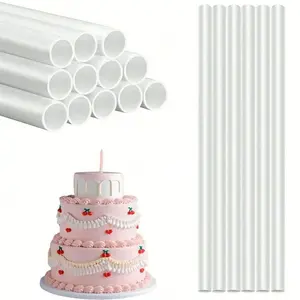 White/transparent plastic cake support rods for supporting the creation and stacking of multi-tiered cakes.