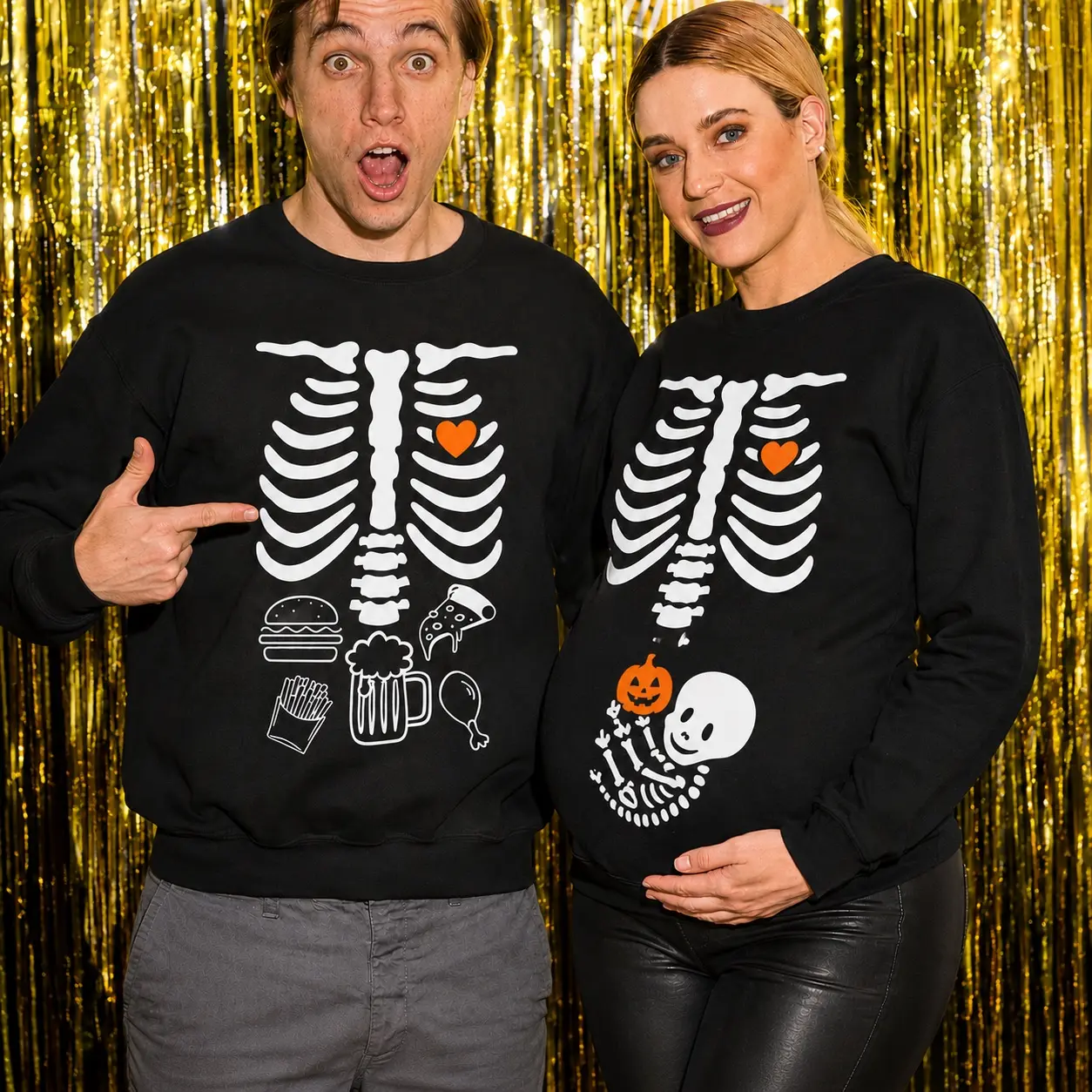 Couples Skeleton Halloween Maternity Pullover Sweatshirt, Funny Baby Skeleton Pregnancy Announcement Costume for To-Be Parents