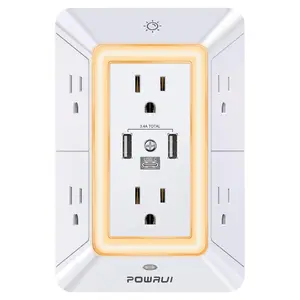 Multifunctional Power Strip Surge Protector - POWRUI Wall Outlet Extender with 6 Outlets, USB Plug In, USB Ports Socket, 1 USB C Port, Night Light, 3-Sided, ETL Listed, White