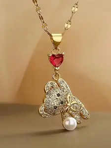 Women's Heart Balloon Bear Pendant Necklace, Copper Material with Synthetic Zirconia CZ Bling, Elegant Jewelry for Valentine's Day Gift