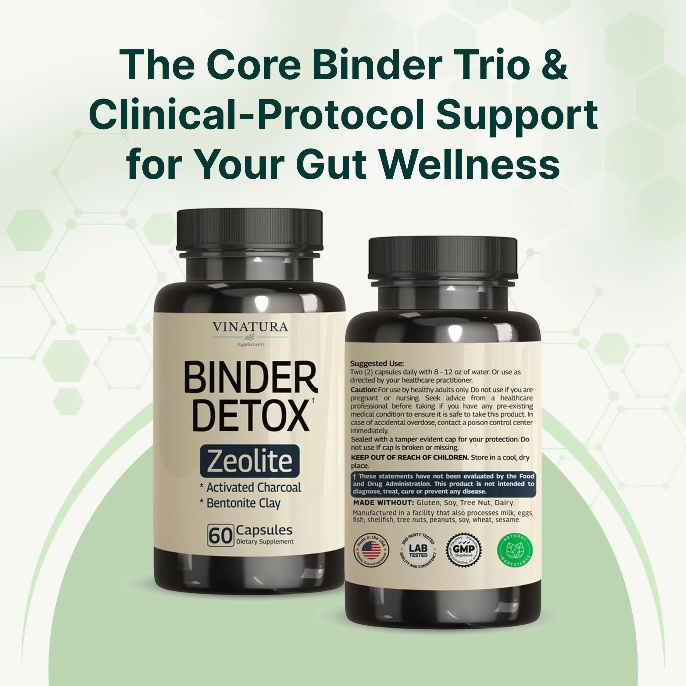 Binder Zeolite Detox for Adults - Activated Charcoal, Zeolite, Bentonite Clay, Apple Pectin and More - Support Body Detox Cleanse with Binder Supplements, 60 Capsules