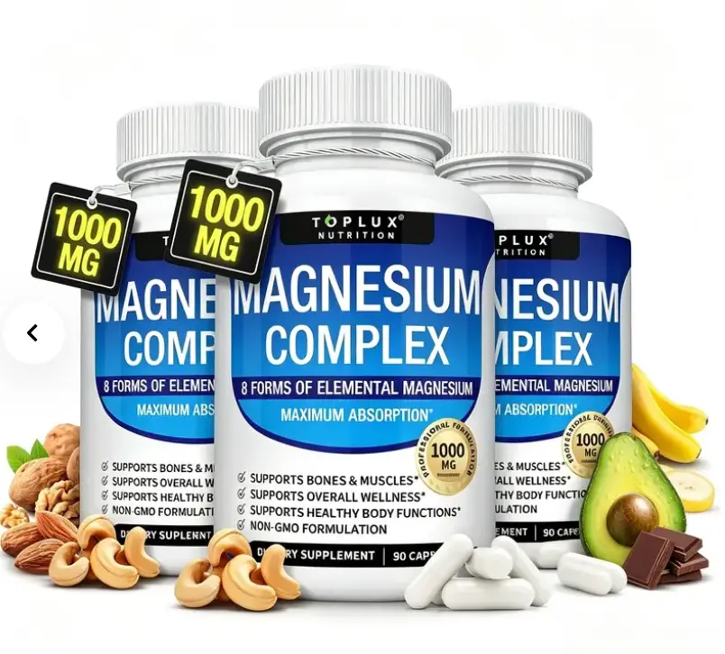 Toplux Nutrition Magnesium Complex 1000mg - Easy Absorption 8 Elemental Sources for Bone Magnesium for High Absorption - 90 Capsules