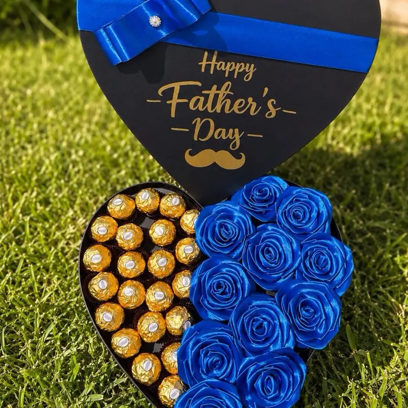 Happy Father’s Day Heart Box – Blue Roses & Ferrero Chocolate Gift Box