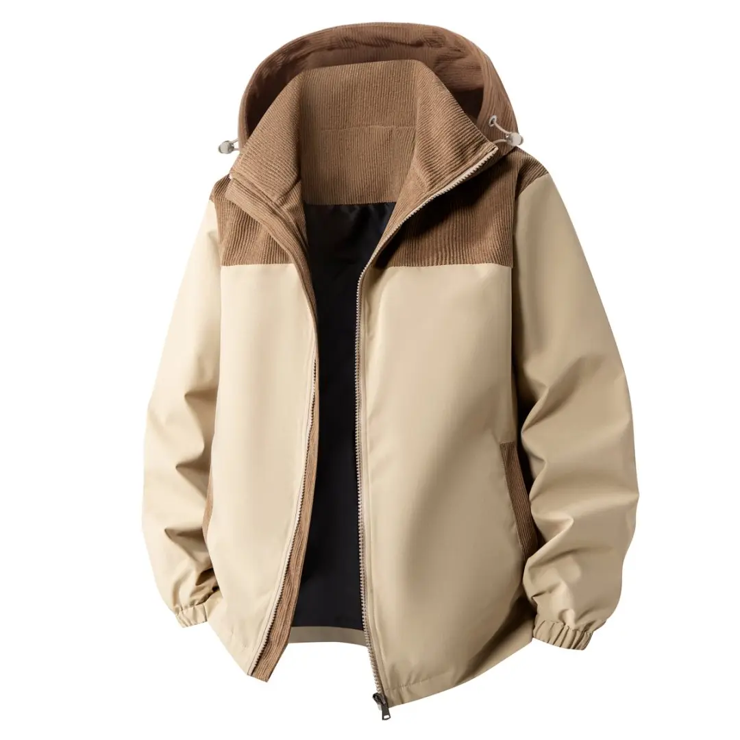 Men's Beige Hooded Trench Coat, Fitted Longsleeve Windproof Top for Spring with Detachable Hat and Corduroy Trimming, Tops, Menswear, Casual, Clothes, Pull-On, Thin, Jacket, Stylish, Polyester, Long Sleeve, Machine Washable, Dry Clean