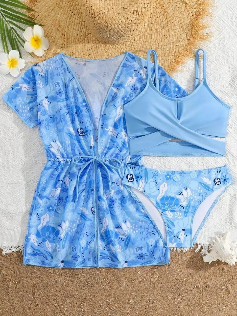 Tween Tropical Bikini Set & Kimono - 3pc Summer Beach Holiday Swimwear