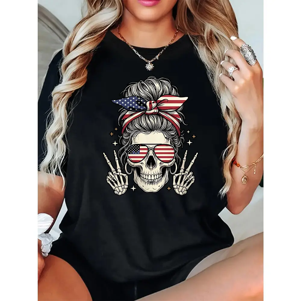 Patriotic Skull Messy Bun Shirt, Skeleton 4th of July Tee for Women, Red White Blue T-Shirt Independence Day Sweatshirt