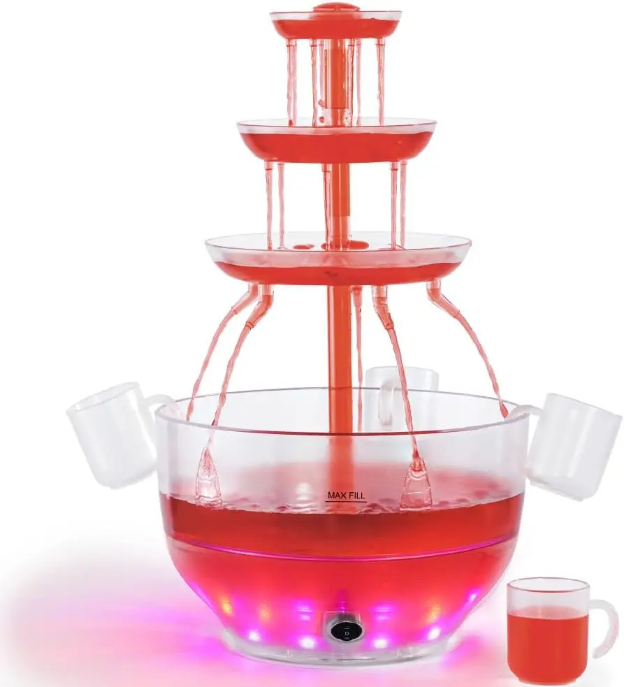 Drink Fountain for Parties - 1.5 Gal, 3 Tier Punch Bowl Drink Tower, LED Base, 4 Reusable Cups - Drink Dispenser Machine for, Juice, Punch, Pani Puri Fountain for Party Hosting Supplies