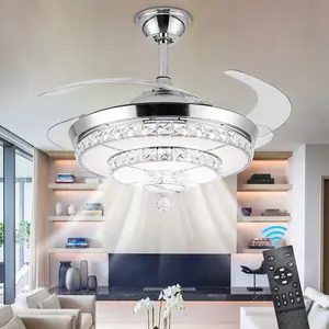 Crystal Chandelier Ceiling Fans with Light,42Inch LED Stepless Dimmable Crystal Fandelier,Remote Control Retractable Invisible Blades 6 Speeds Indoor Fandelier for Living Room Bedroom