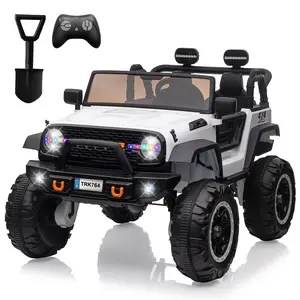 24V Two Seater 4 Wheeler Ride On Toy Car for Kids, 5.5MPH top speed, features remote control, accelerator pedal, deep treaded tires, steering wheel and built-in audio system in white.