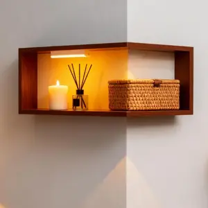 Walnut Color 90-Degree Corner Storage Rack, Wall-Mounted Corner Organizer, Bedroom Living Room Display Shelf with 20cm Warm Light LED Lamp