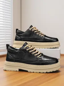 Men's Vintage British Style Low Top Sports Leather Shoes, Thick Sole, Easy Care, Casual Comfort, Outdoor Sport, Daily Wear, Walking Shoes