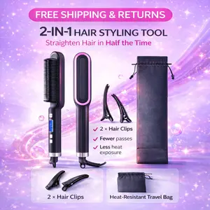 Negative Ionic Hair Straightener Brush with 9 Temp Settings LED Display 30s Fast Heat Auto-Shutoff Anti-Scald 2 Hair Clips Travel Bag for Women Christmas Gift