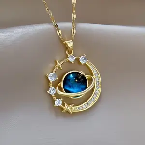 Elegant 14K gold-plated copper celestial pendant necklace with crystal embellishments. Luxurious starry sky and planetary design, suitable for all seasons, perfect for everyday wear and gift giving.