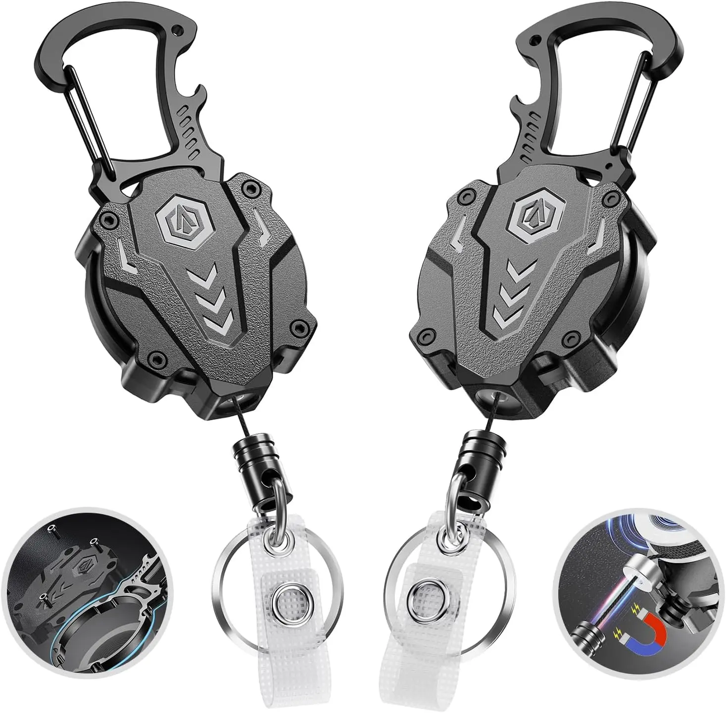 2-Pack Tactical Retractable Badge Reel for Men, Heavy-Duty Carabiner Keychain with Bottle Opener, 31" Dyneema Cord and Magnetic Closure, ABS Everyday Carry Accessory Holds 25oz, Accessories, Men's Accessories