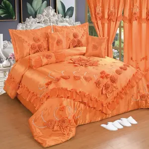 Wedding Set - Pink and White Bedding with Floral Design and Ruffled Edges