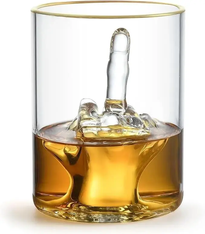 Middle Finger Funny Whiskey Glass – Premium Up Yours Funny Glass for Whiskey, Liquor – Luxurious Gold Rim – Home Bar Accessories Ideal for Man Cave, Fun Gag Gift Patent-Pending