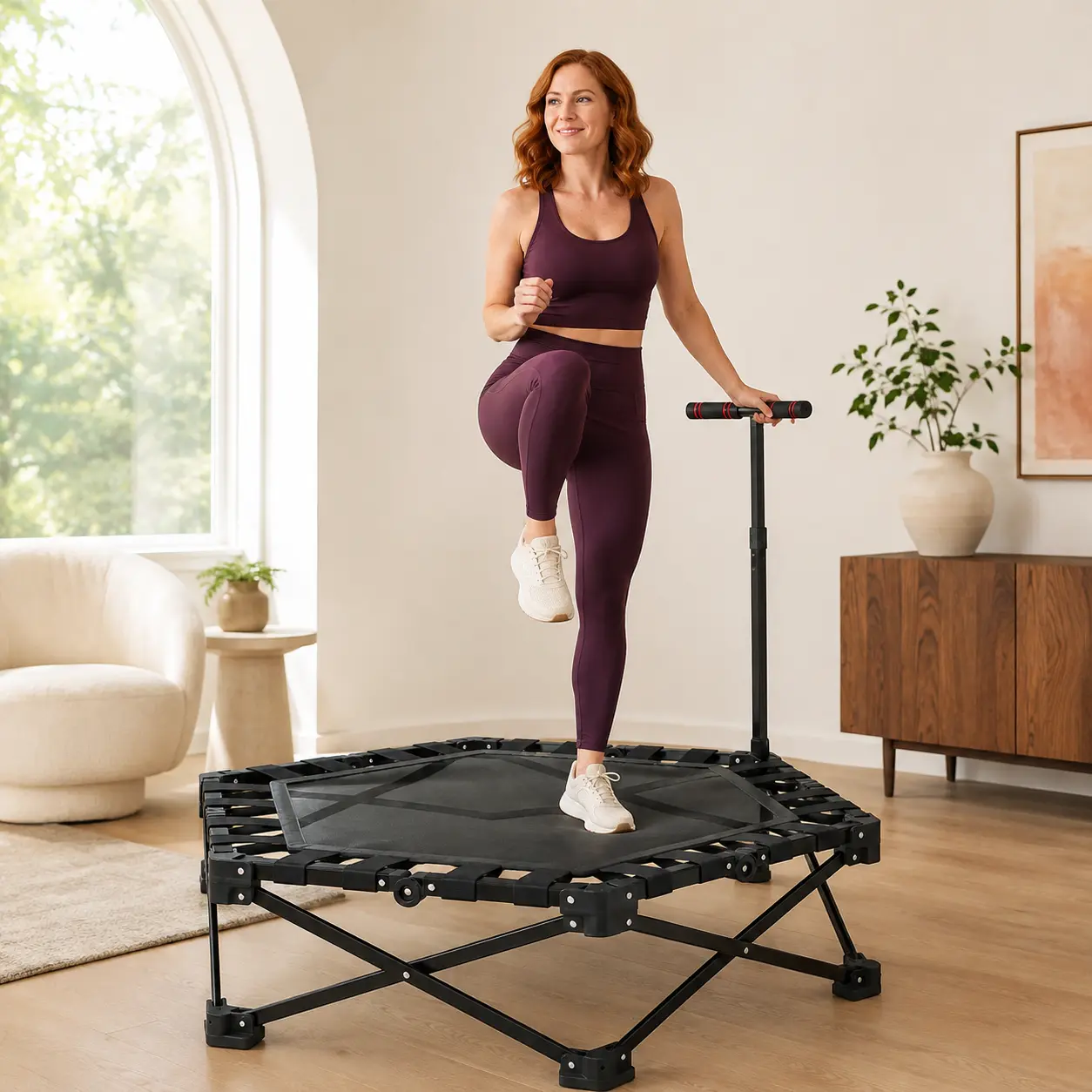 INTERGREAT 42-Inch Foldable Trampoline for Adults with Adjustable Foam Handlebar, Indoor Fitness Rebounder for Home Gym Workouts, Black