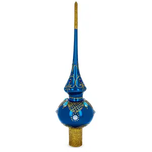 Blue Jewels and White Pearls on Glossy Blue Blown Glass Christmas Tree Topper 11 Inches