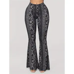 100% Polyester Women's High Waist Sexy Flare Pants - Paisley Print, All Season, Casual Bell Bottoms with Knitted Fabric