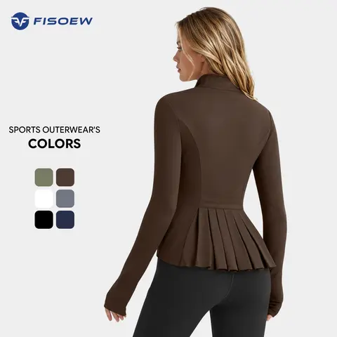 Fisoew Women's Athletic Long-Sleeve Zip Sports Jacket - 2026 Spring Summer Slim Fit Outerwear, Pleated Lightweight Stretchy, Stand Collar, Thumbhole Pockets, Gym Clothes, Long Sleeve Tops, Jacket for Women