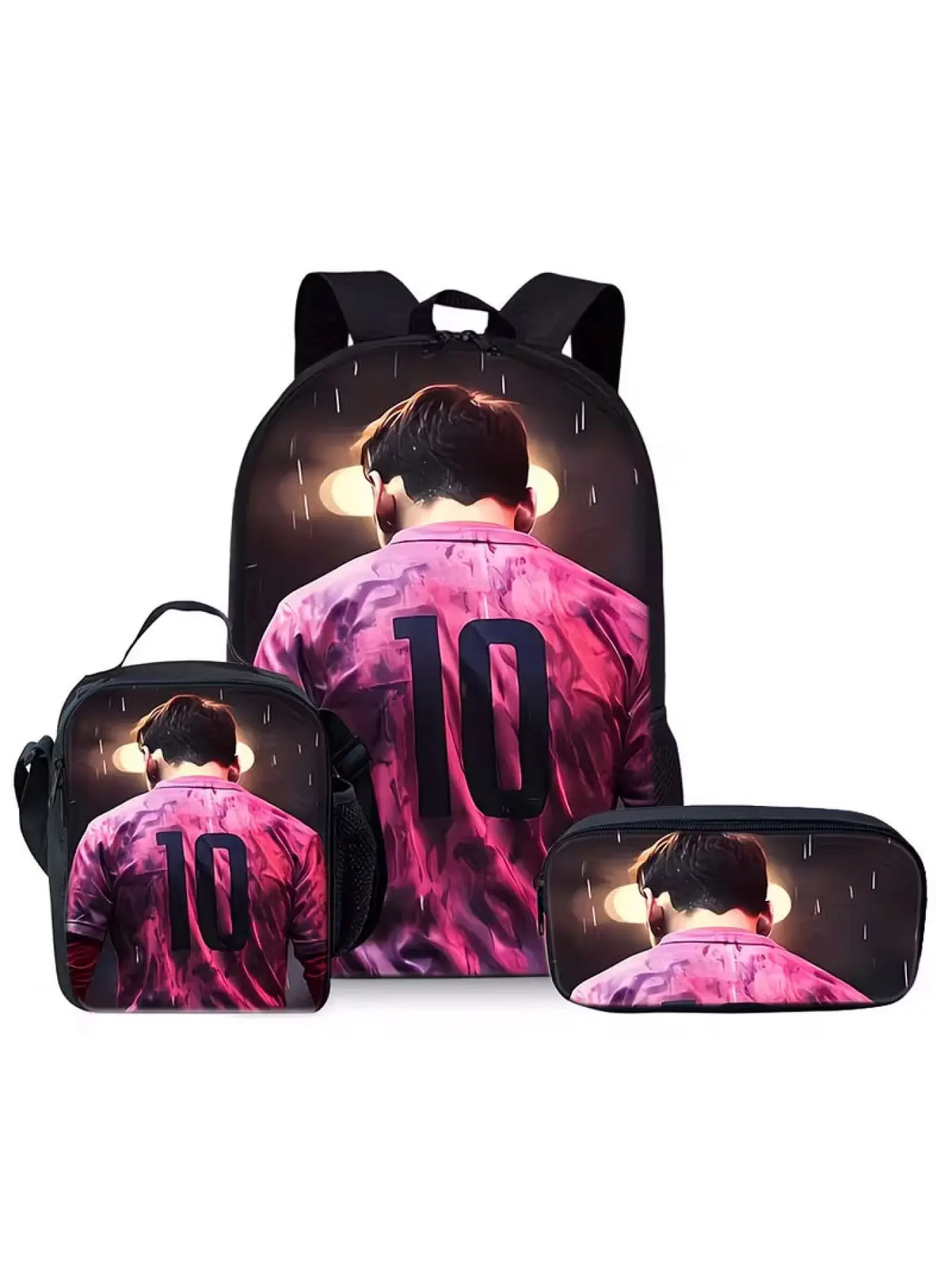 3pcs Football Player Themed Large Capacity Backpack Combo Set, Including Large Capacity Casual Backpack, Lunch Bag And Small Bag, Suitable for Travel And Outdoor Activities, Perfect Gift for Football Fans
